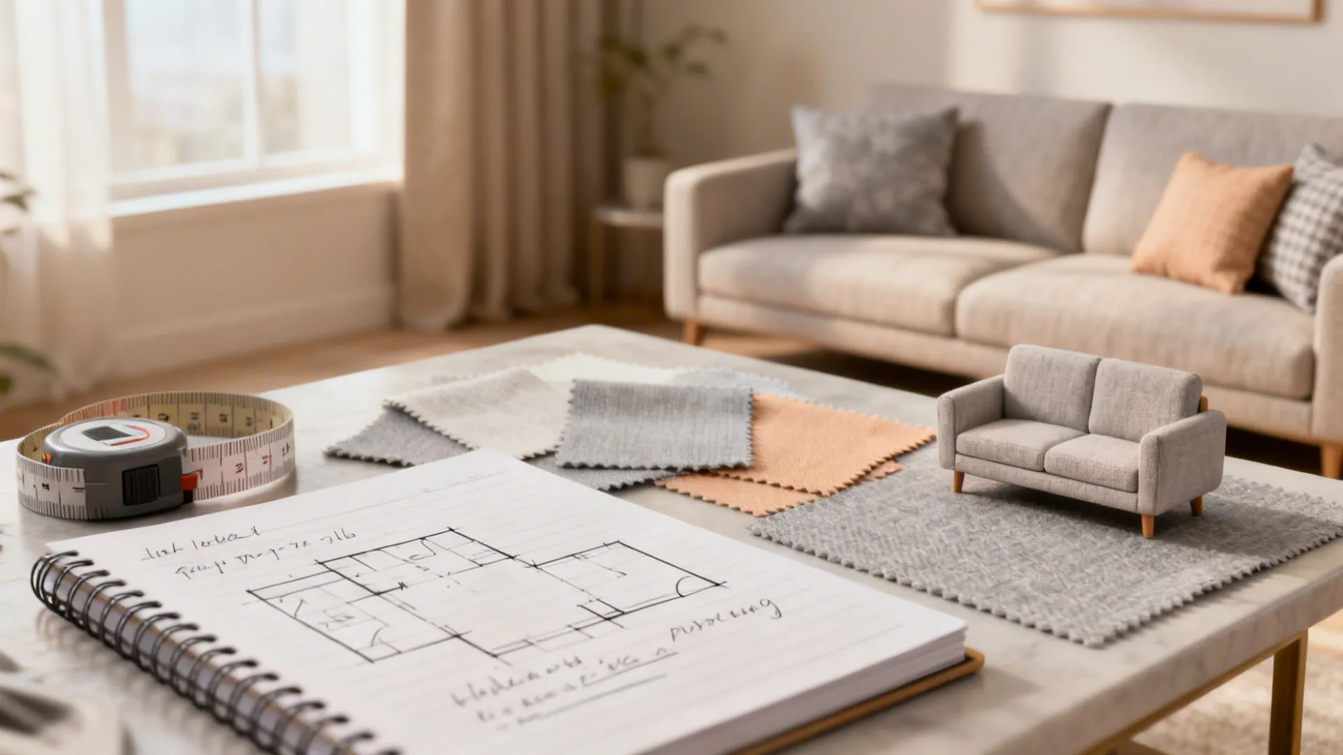 Measuring tape, fabric swatches and layout notes illustrating planning and measurement for sofa fit.