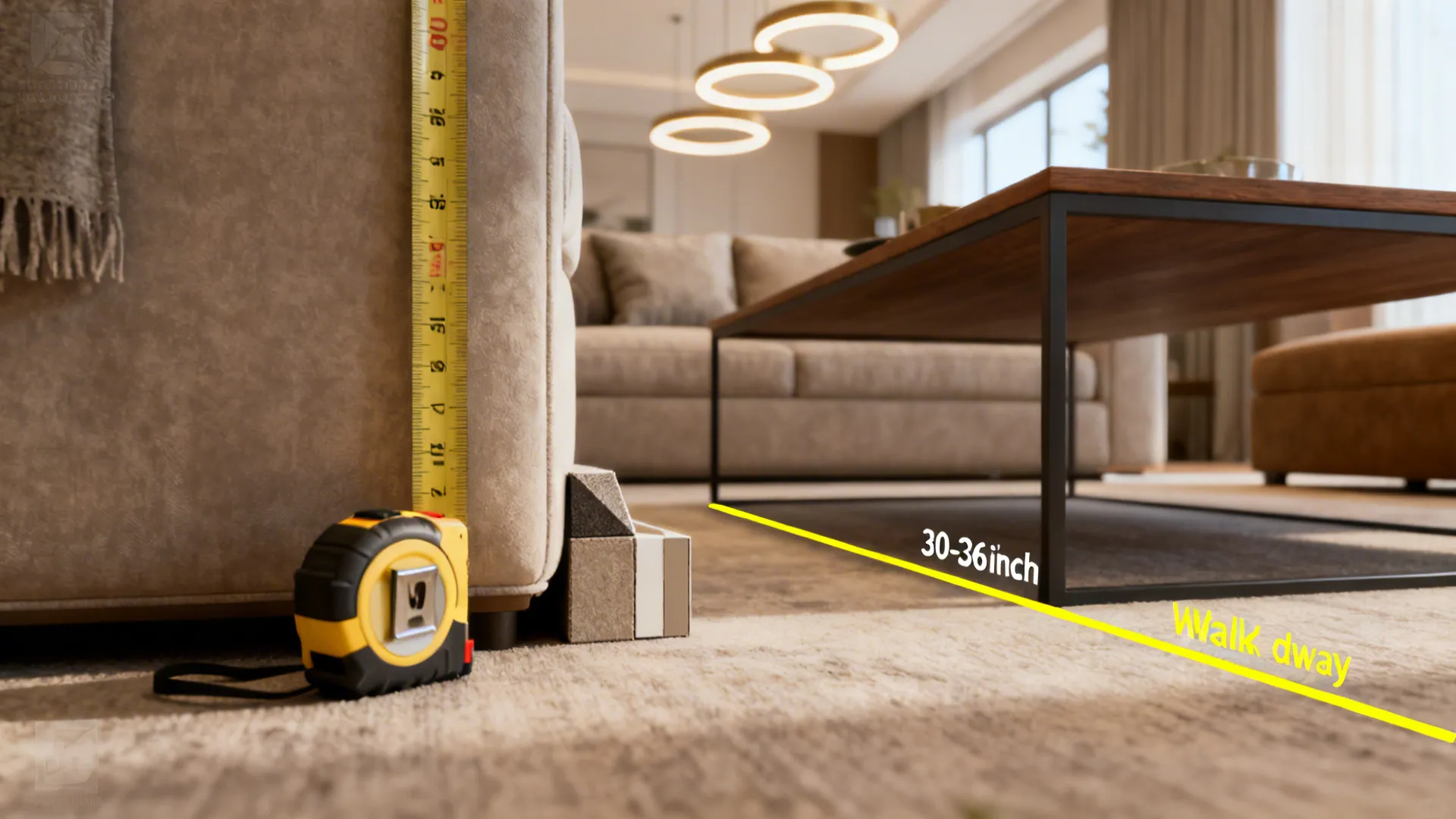 Measuring tape showing thirty to thirty six inch walkway distance between sofa and coffee table
