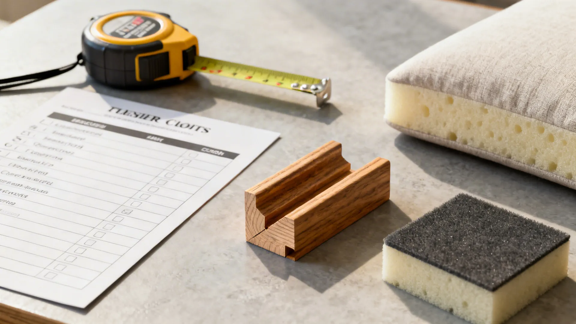 Checklist, tape measure and material swatches illustrating furniture measurement and construction tips.