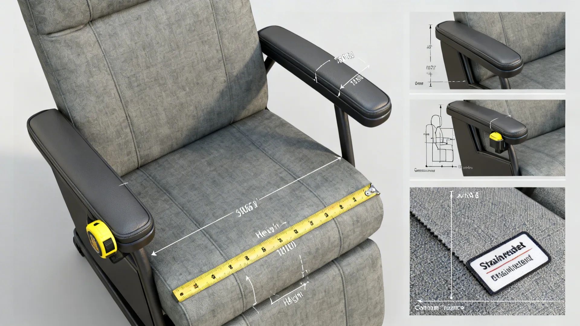 Close-ups showing seat height, arm width comparison, and recliner clearance details