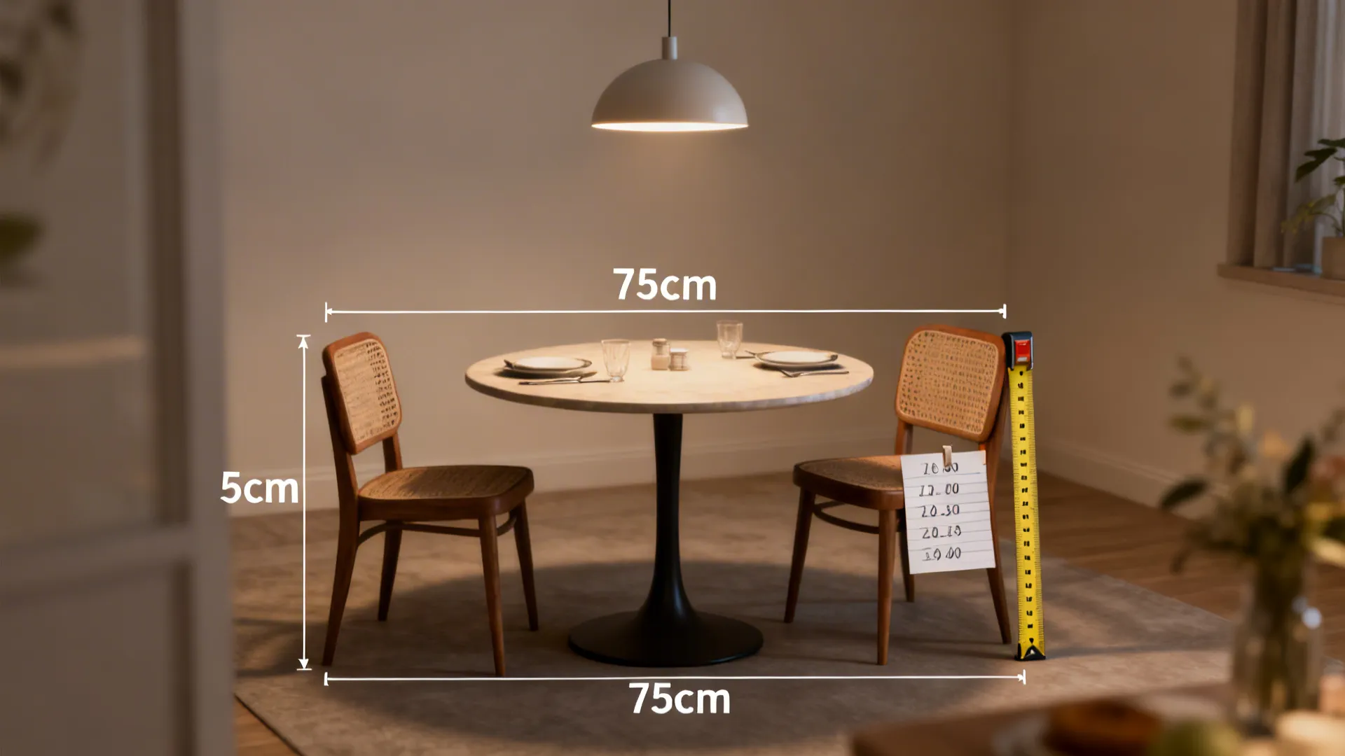 Small round dining table set for two with measuring tape showing clearance guidance and pendant light above.