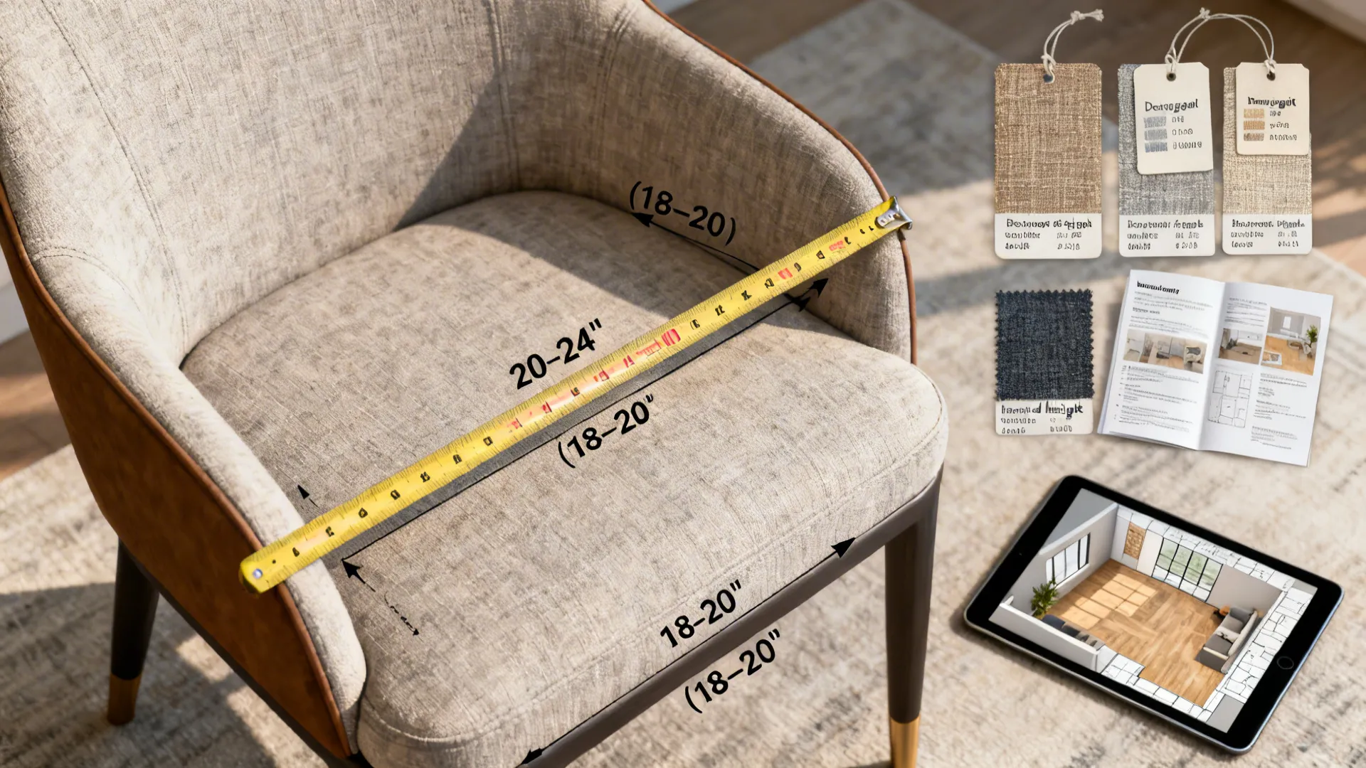 Fabric chair being measured with yellow tape showing seat depth plus width and height dimensions