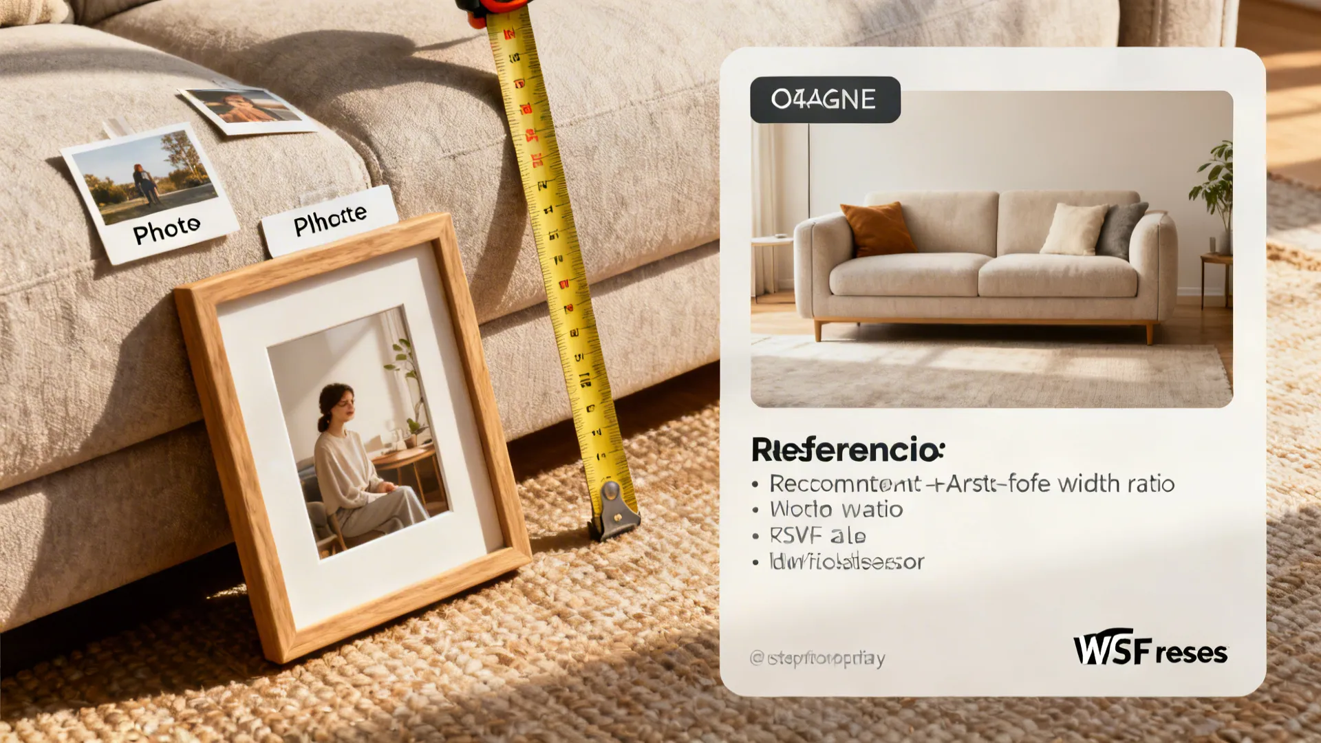 Measuring a beige sofa with yellow tape measure and comparing it with framed family photos