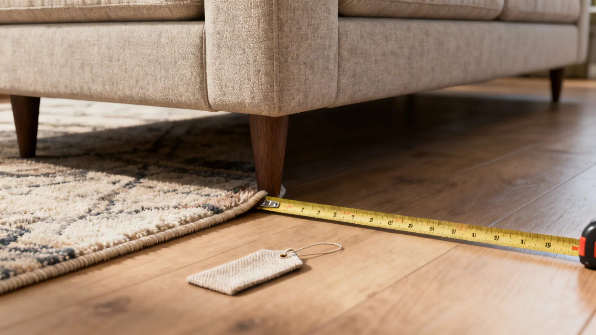 Measuring tape, rug edge and fabric swatch beside a sectional to illustrate sizing tips