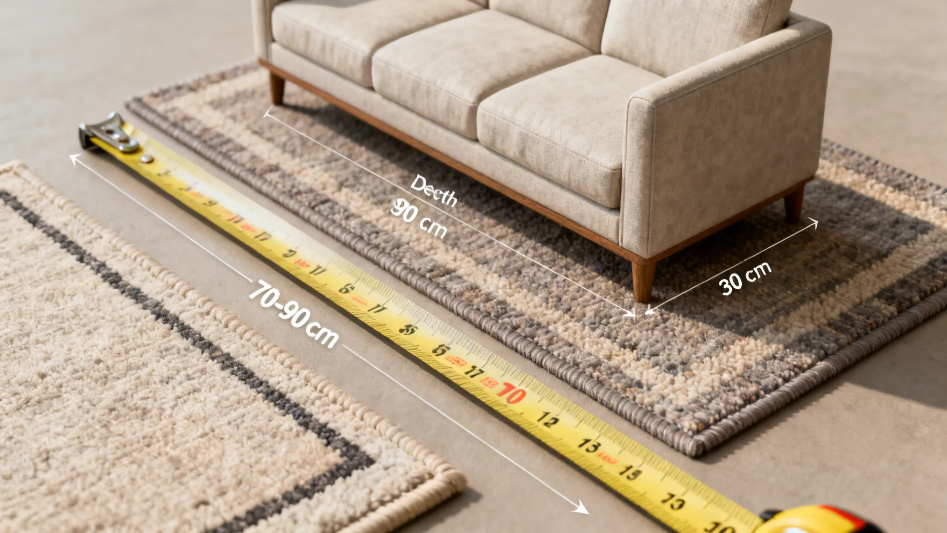 Measurement tools and sofa depth sample illustrating recommended circulation and rug borders.