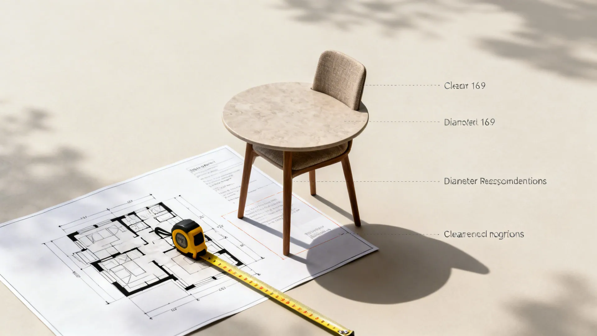 Tape measure and floor plan next to a round table illustrating recommended diameters and clearances