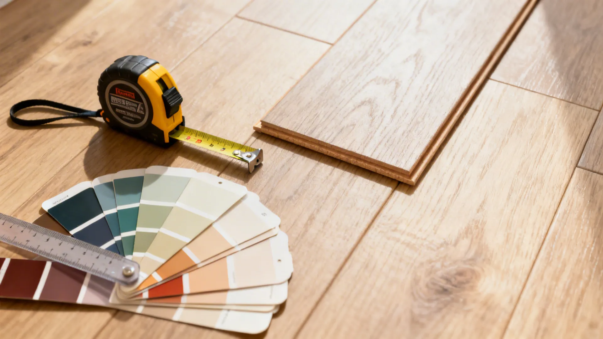 Measuring tape and paint swatches on flooring samples showing planning details for a small bedroom.