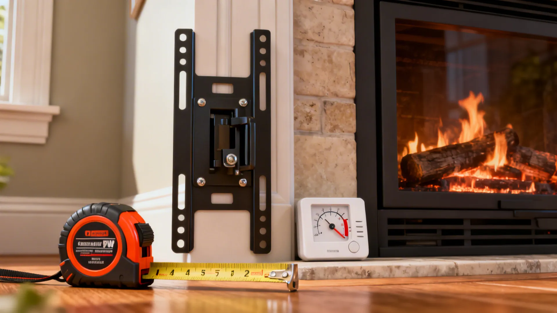 Close-up of measuring tape and temperature gauge near a fireplace illustrating mounting height and heat checks.