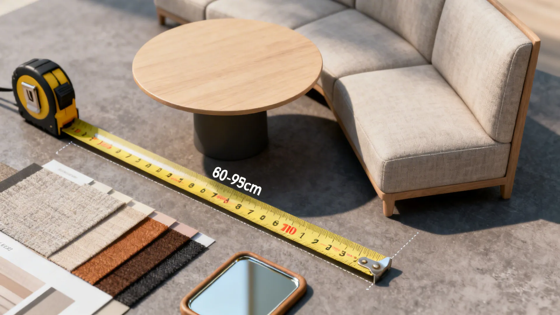 Yellow tape measure measuring distance between round wooden coffee table and light grey fabric sofa