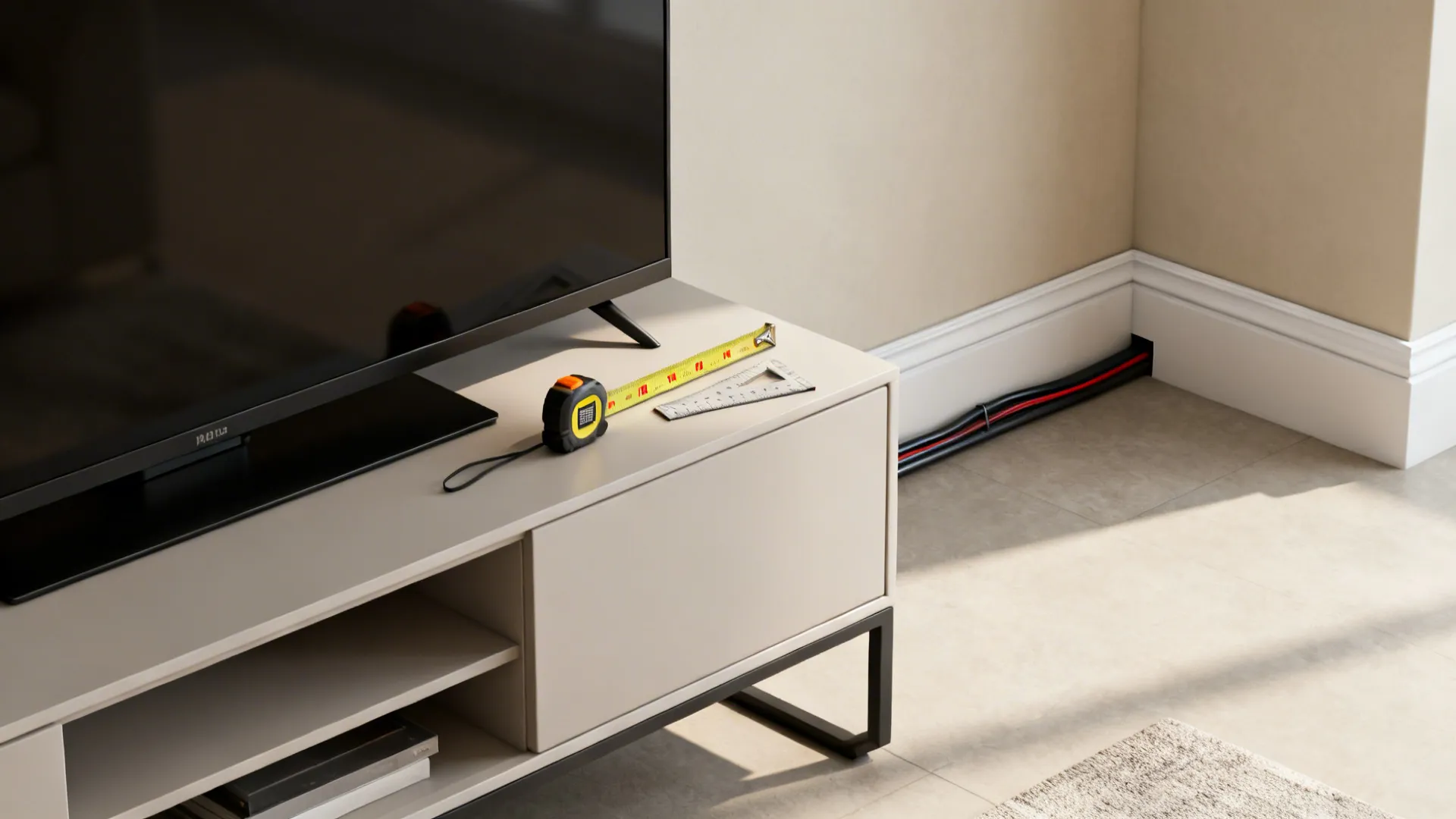 Small living room with a low TV stand, measuring tape and cable raceway visible for planning tips