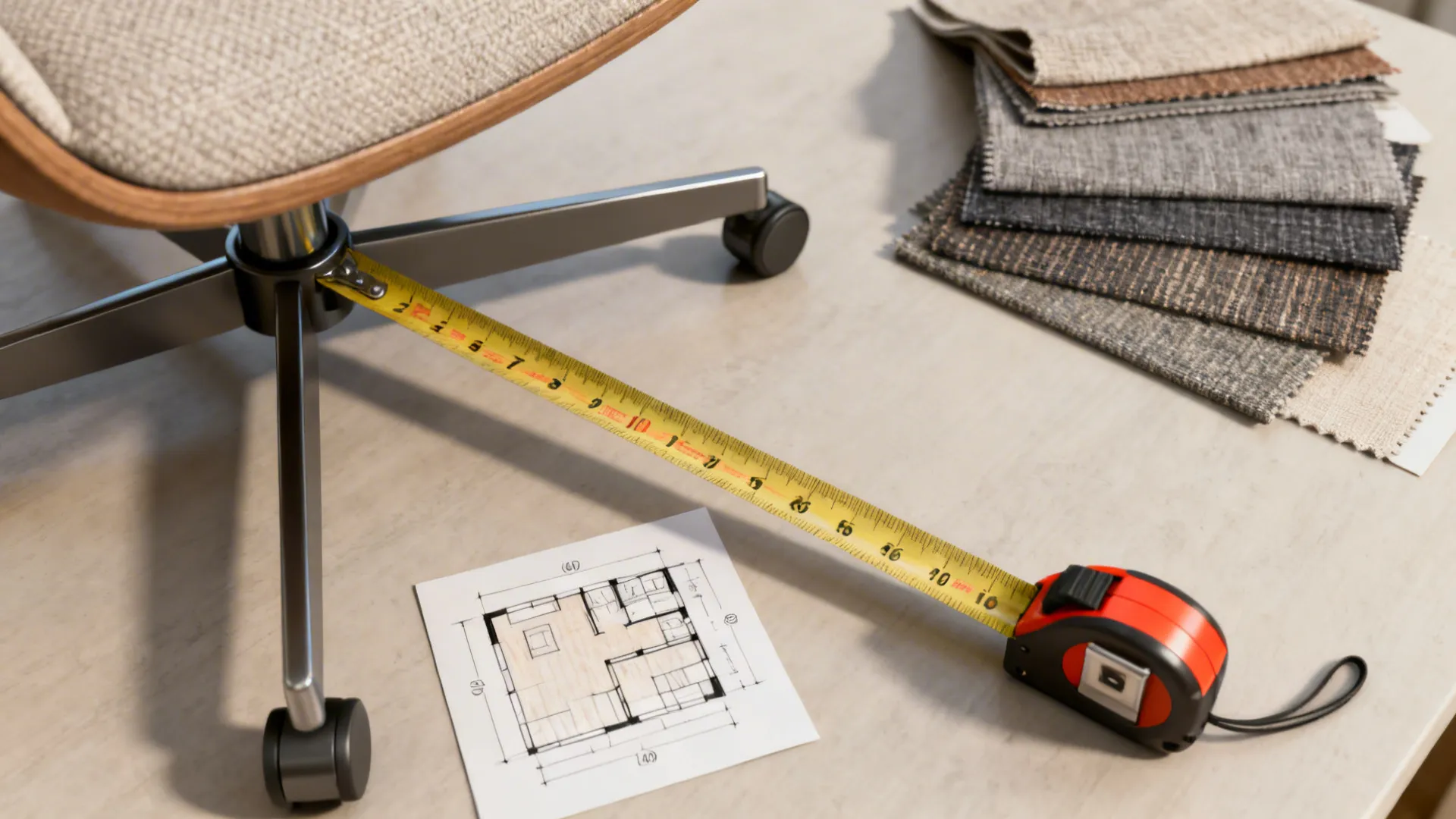 Measurement tape, fabric swatches and a small floor plan sketch illustrating swivel chair spacing and upholstery options.