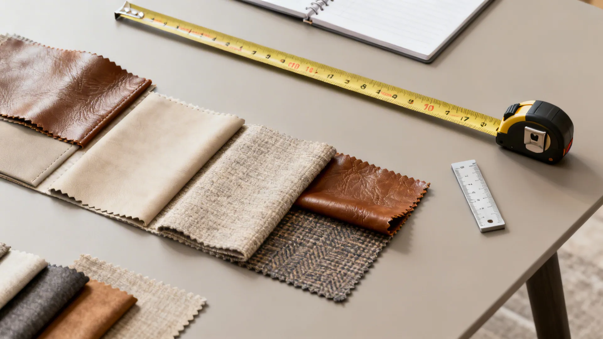 Various fabric and leather material samples on a desk with a yellow measuring tape and ruler