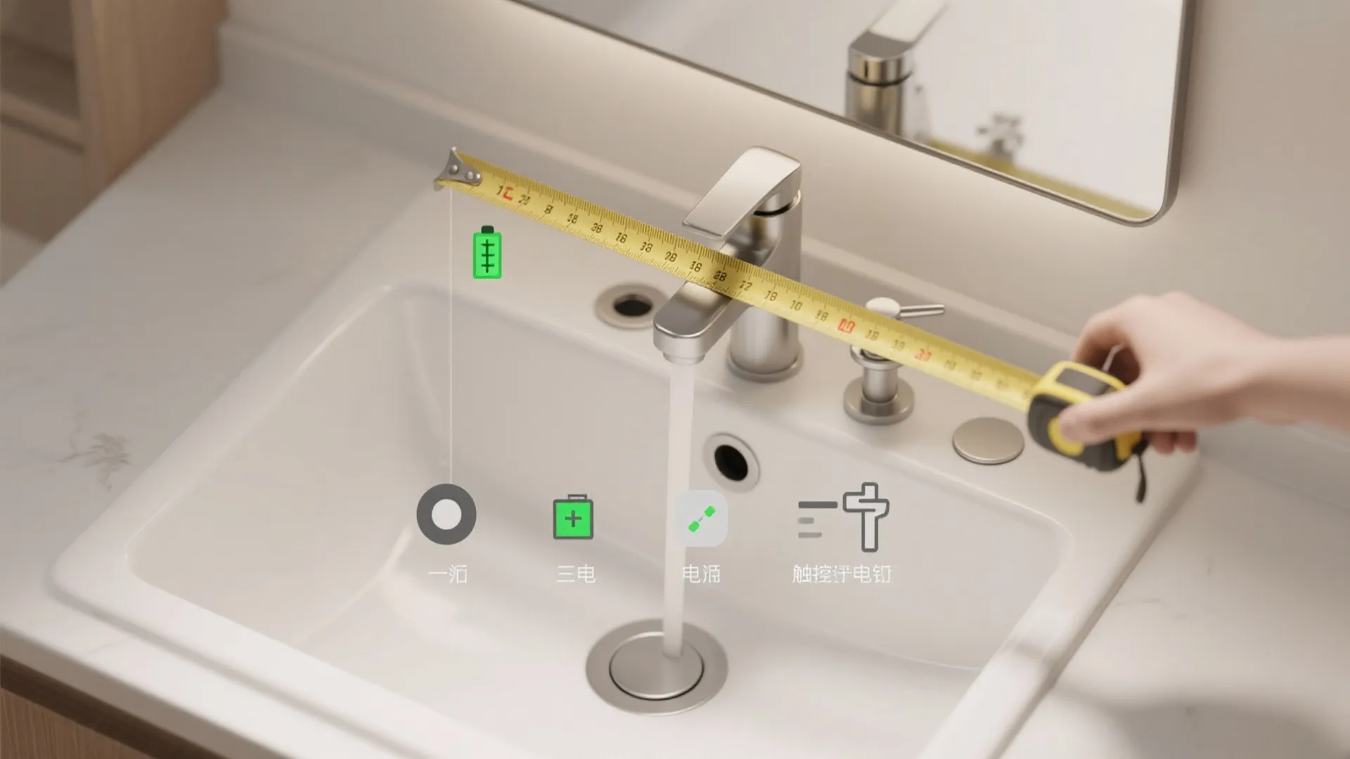 Measuring a silver bathroom sink water tap with a yellow tape measure and tech icons