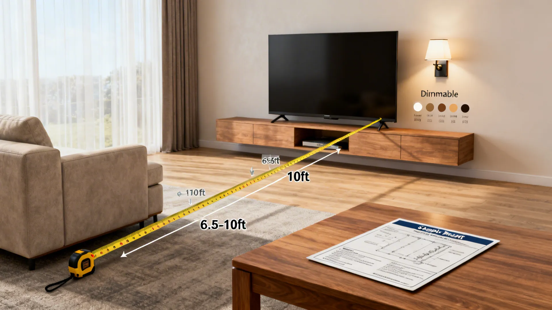 Instructional shot showing measuring sightlines and distance for placing a 50-inch TV