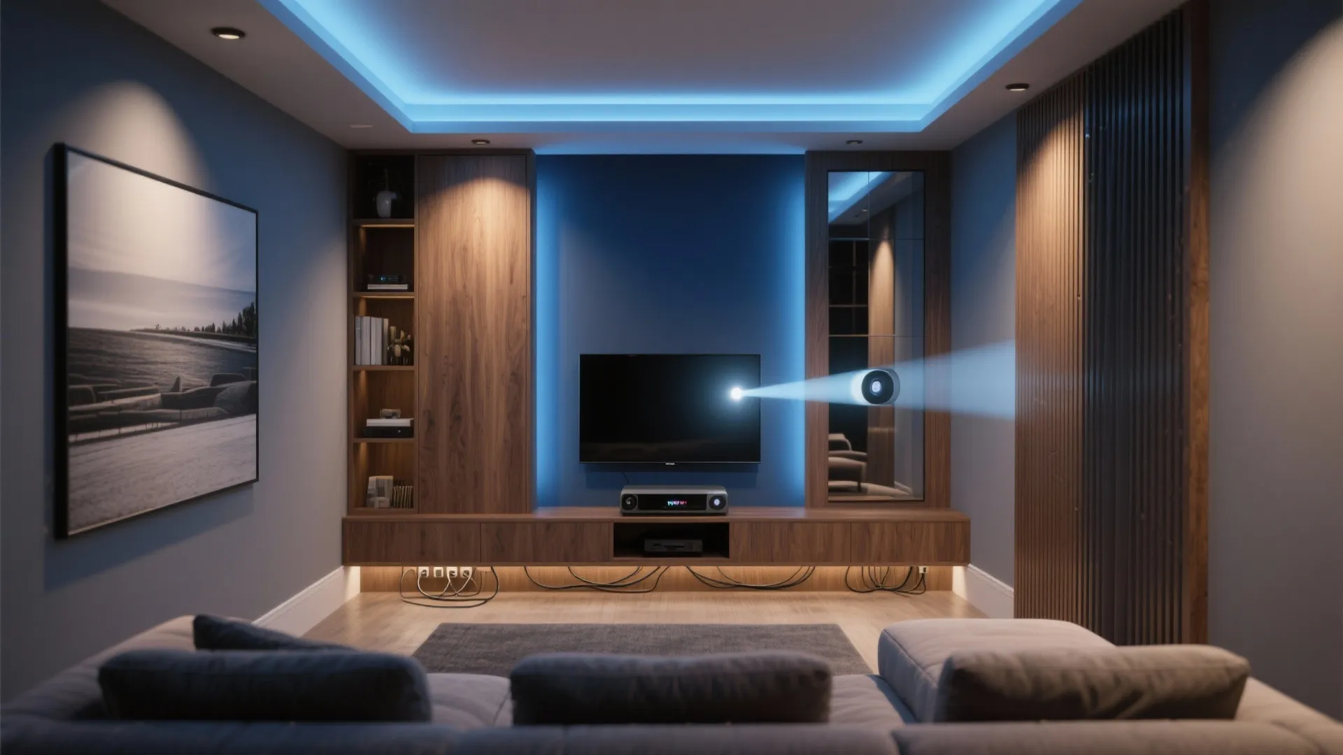 Modern home media room featuring blue wall wooden cabinets television projector beam and comfortable seating