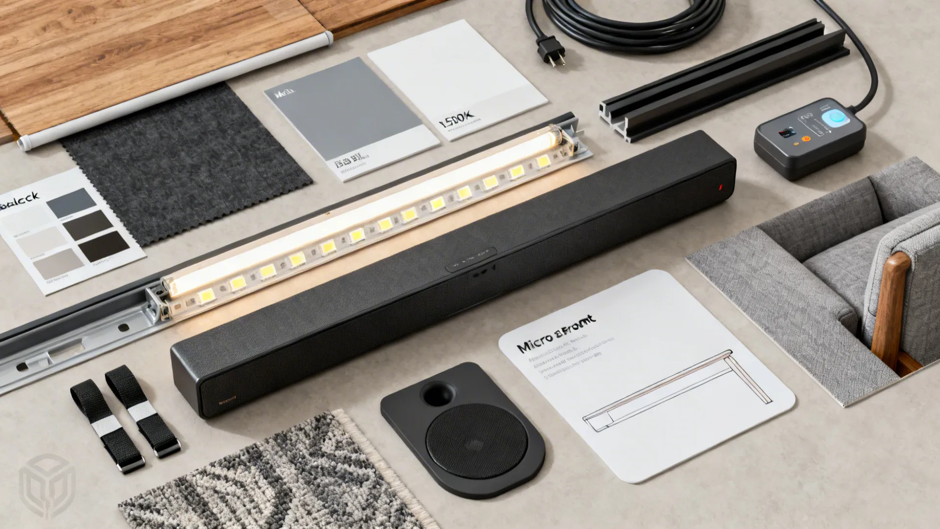 Flatlay of blackout fabric, bias light strip, paint chips, cable management, rug and sofa swatches, and a calibration tool.