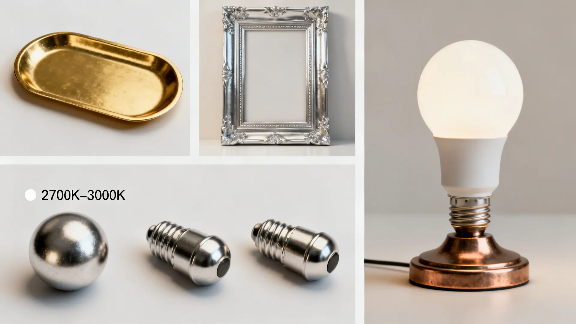 Collage showing gold tray silver picture frame light bulbs and warm glowing white desk lamp
