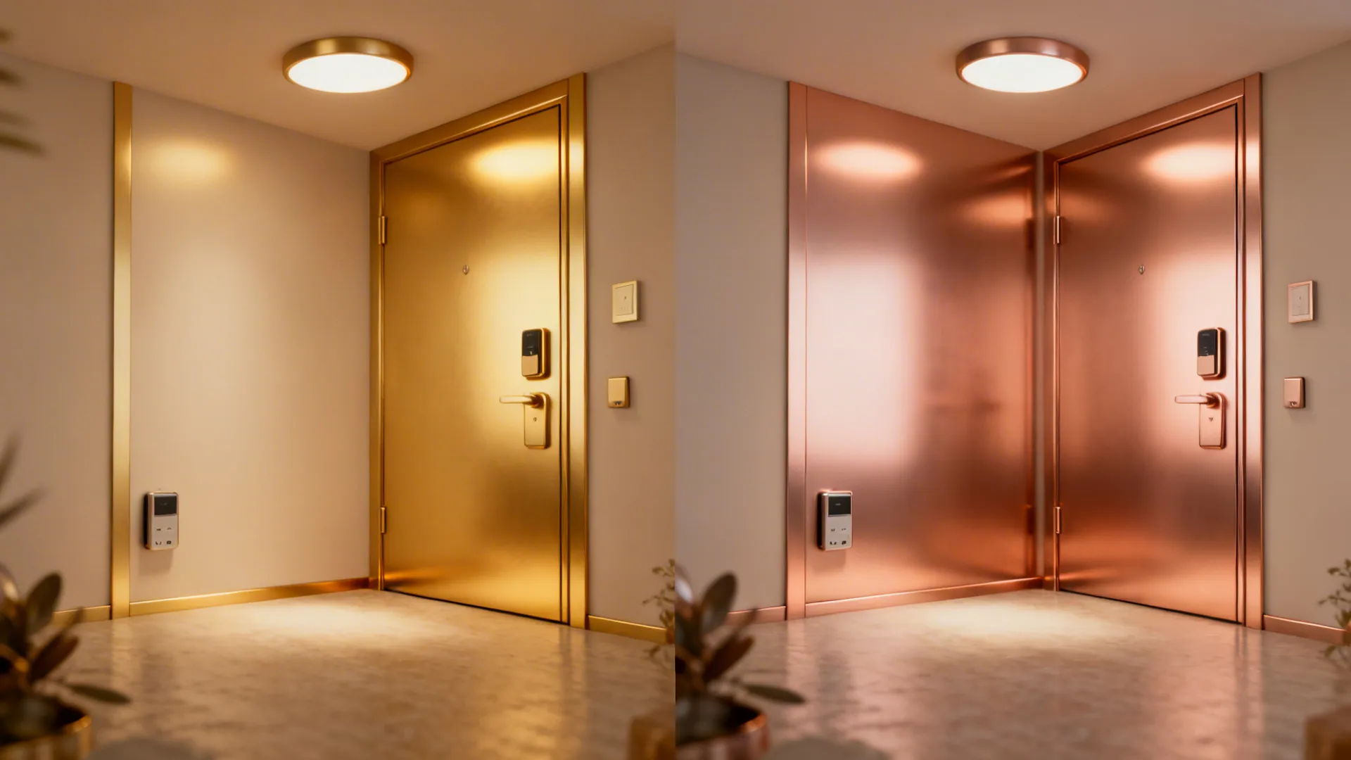 Collage showing examples of metal mixing, dominant metal choices, and small hardware swaps in small rooms