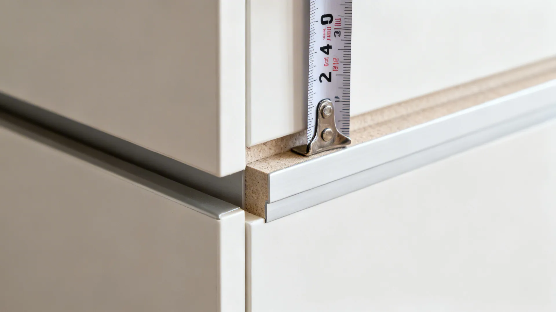Macro of a metric tape measure against a cabinet edge, emphasizing accurate kitchen planning.