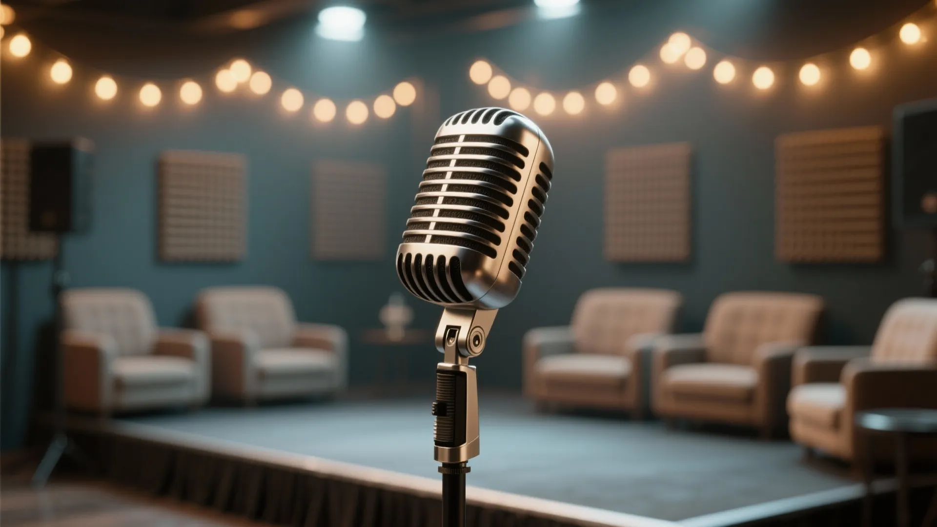 Silver vintage microphone on stage with blurry background of comfortable sofa seating and string lights