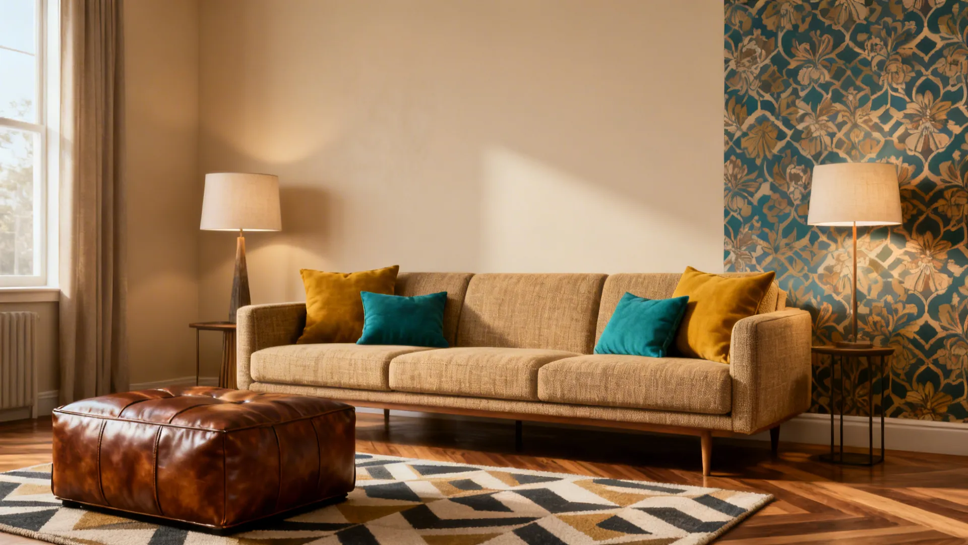 Mid-century living room collage showing palette options, durable fabrics, and an accent wall