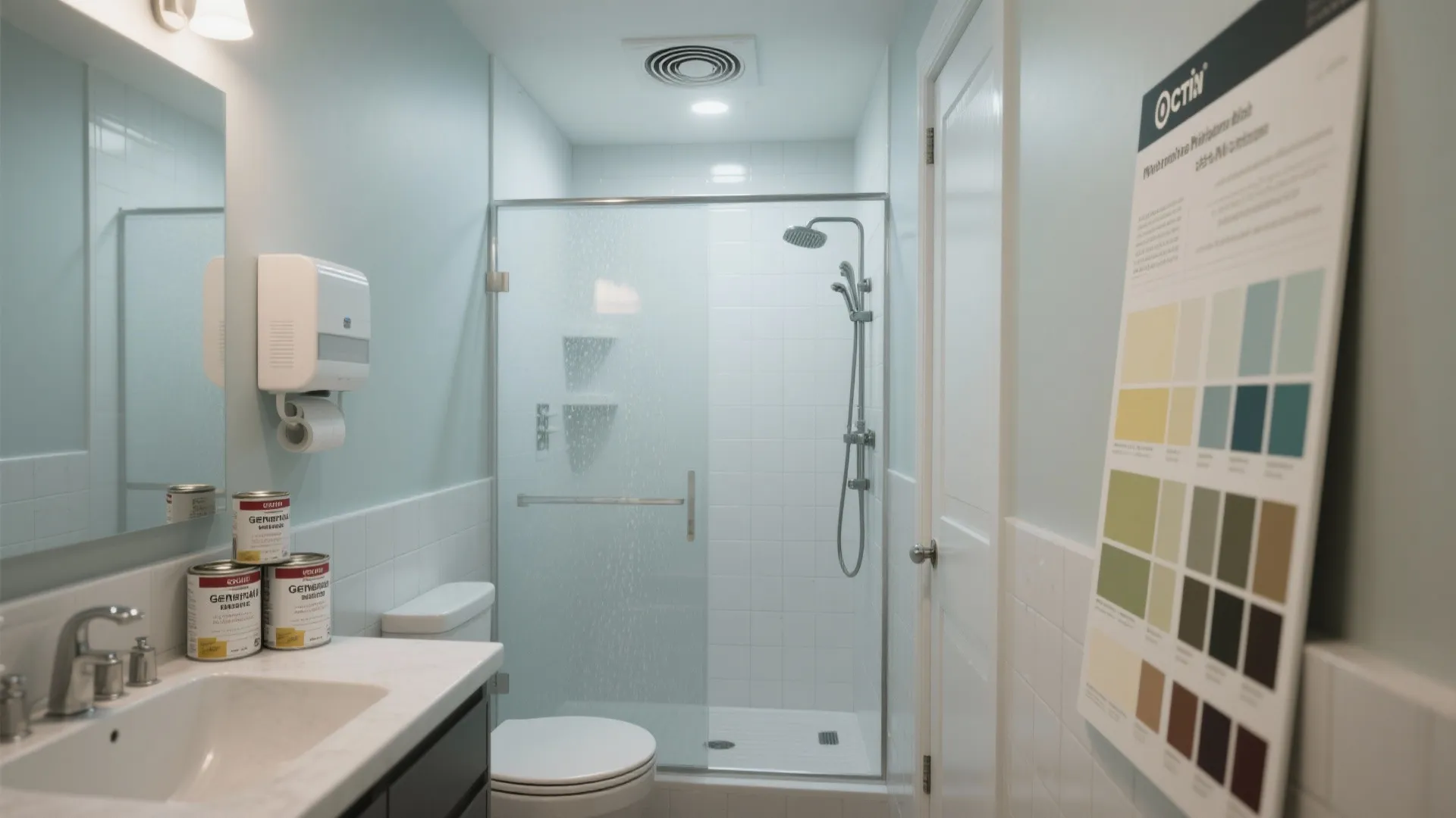 Small bathroom interior featuring glass shower door white toilet sink and a colorful paint sample board