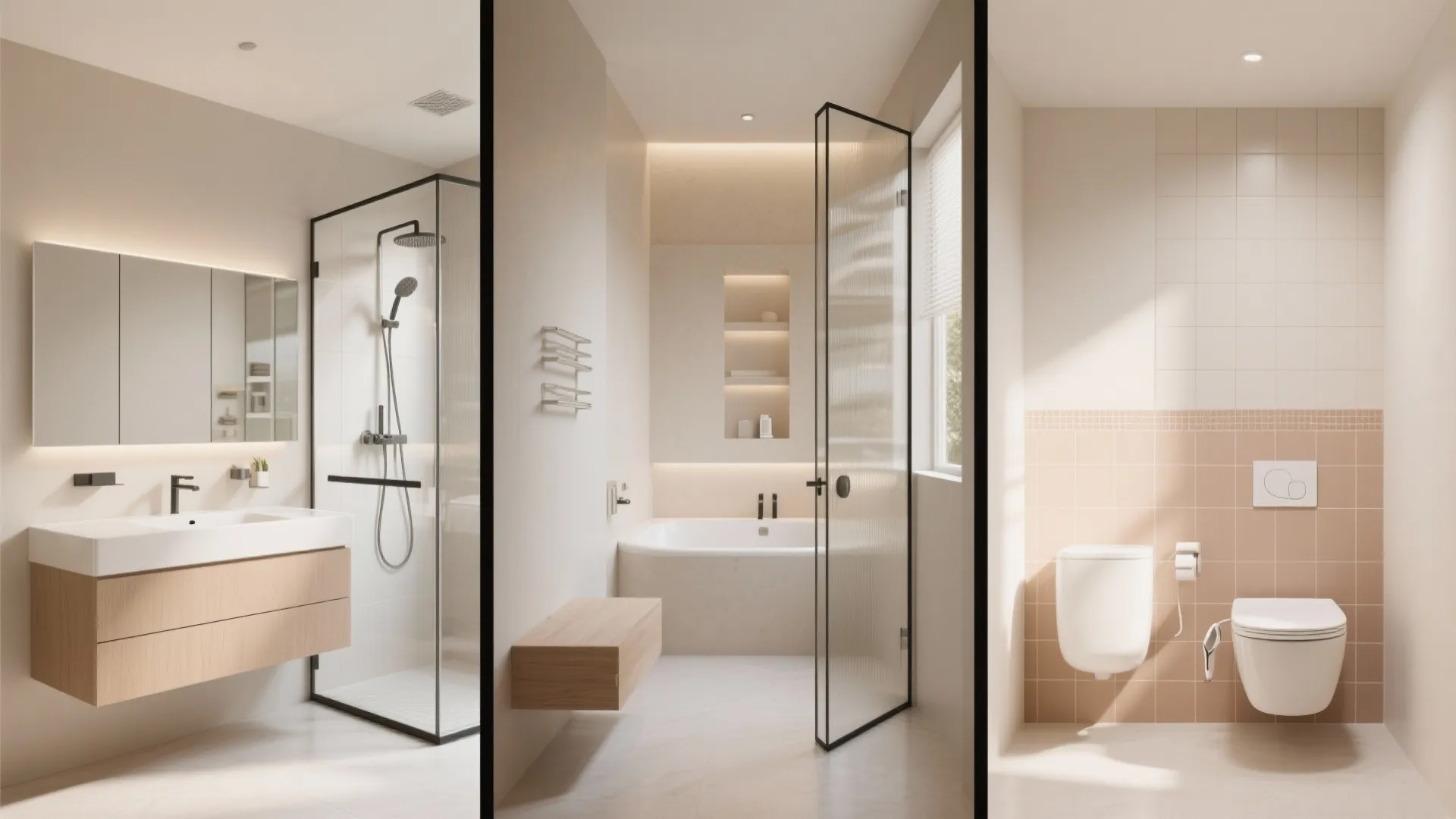 Modern bathroom collage showing sink cabinet glass shower bathtub toilet and light beige wall tile design