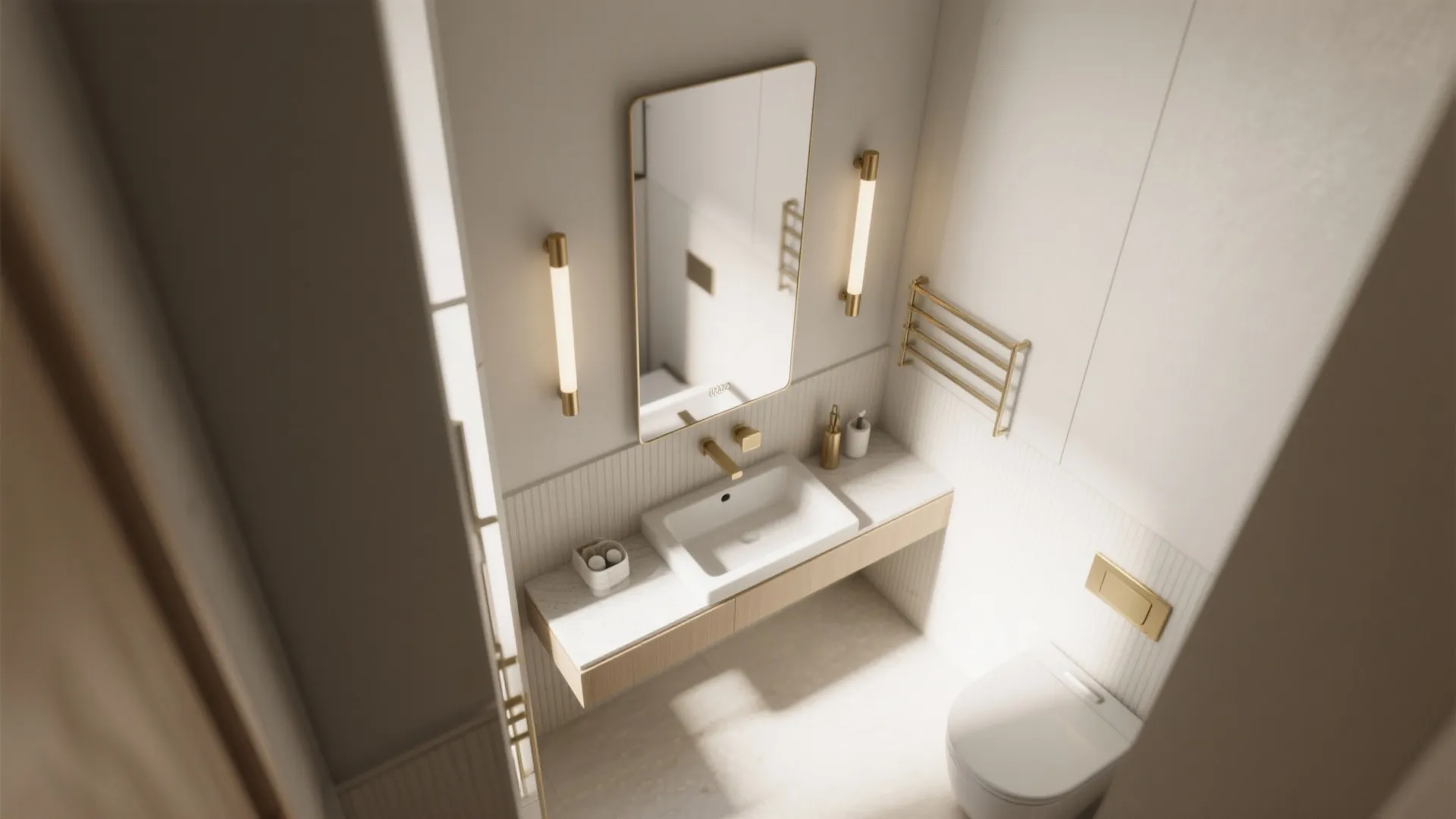 Top-down small bathroom layout showing mirror sizing, sconce placement, and ledge concept