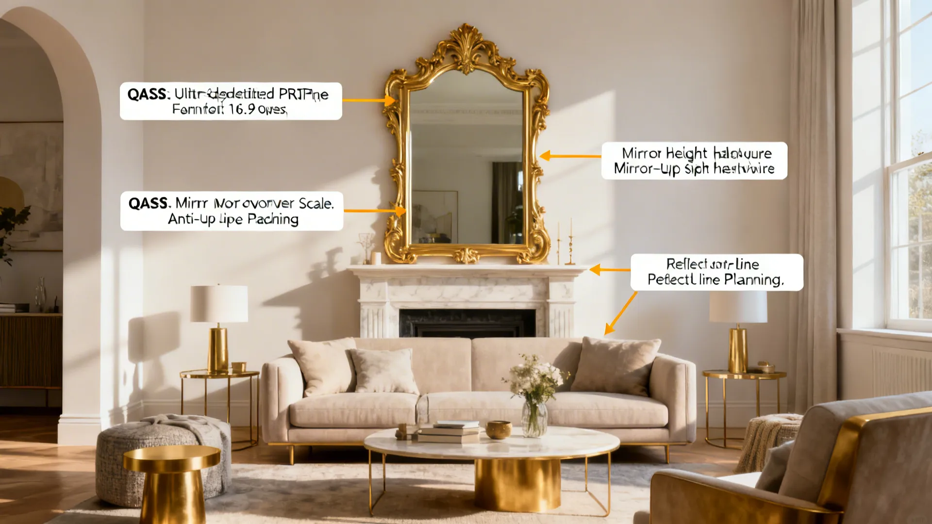 Living room scene illustrating mirror-sizing, mantel spacing, and anti-tip hardware for FAQ guidance.
