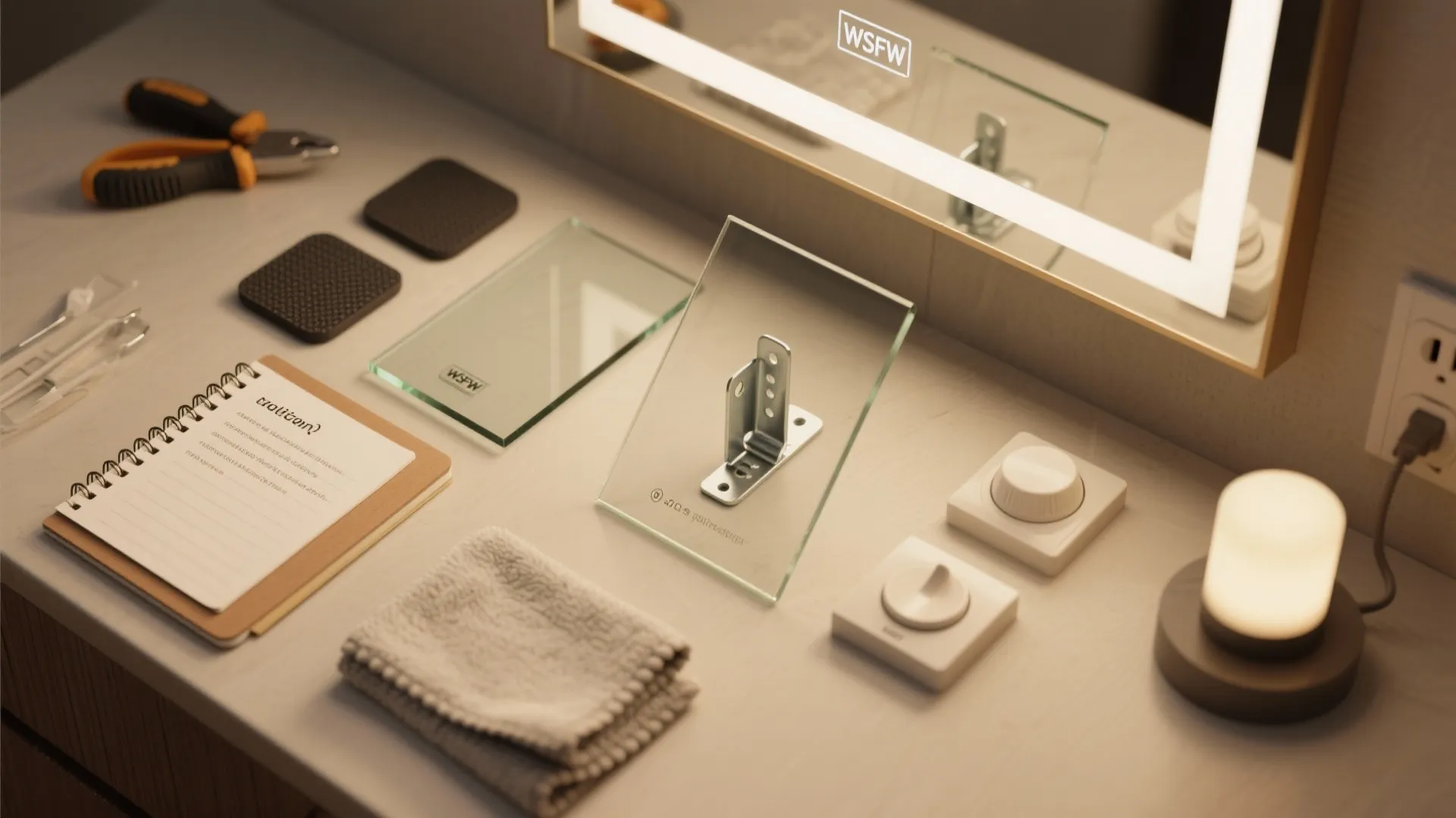 Mirror installation tools on table including metal bracket glass panels notebook and small table lamp