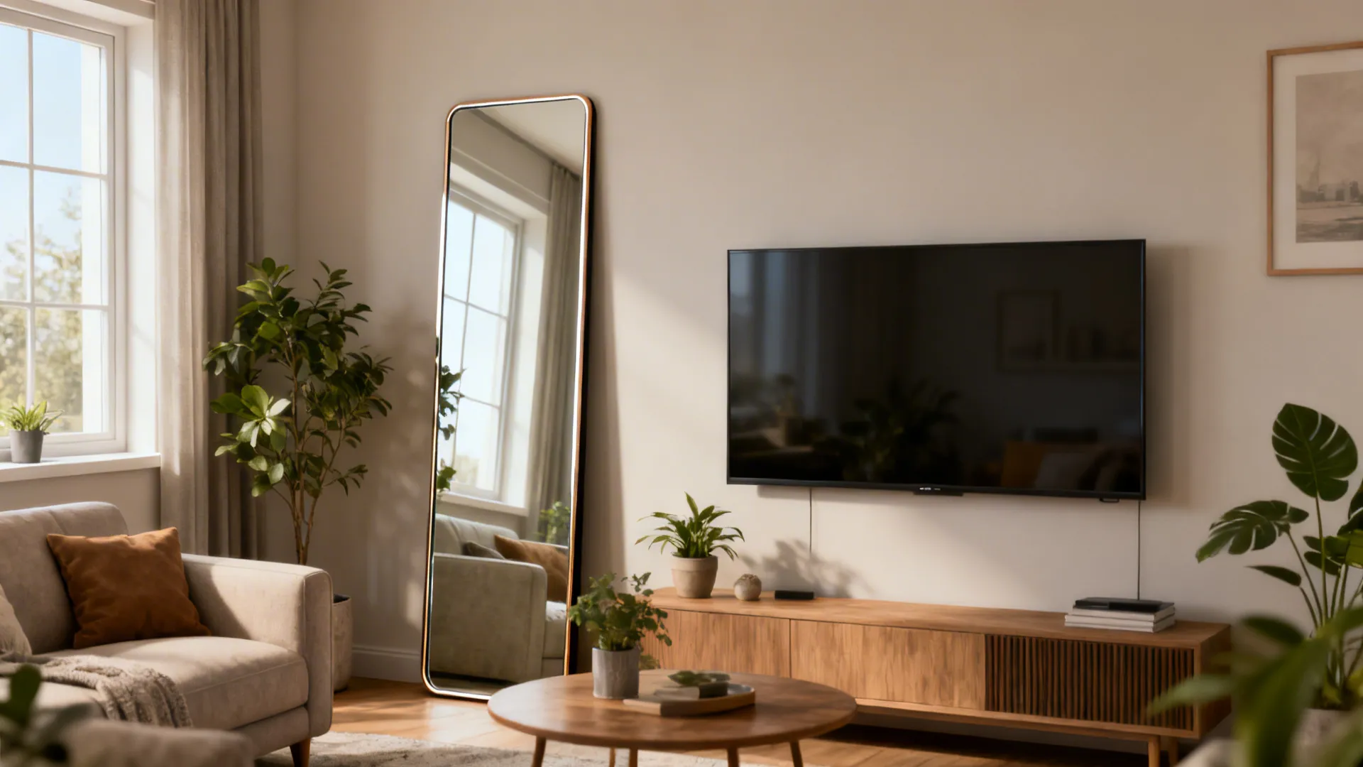 Modern living room with tall floor mirror leaning against wall beside wooden television storage unit