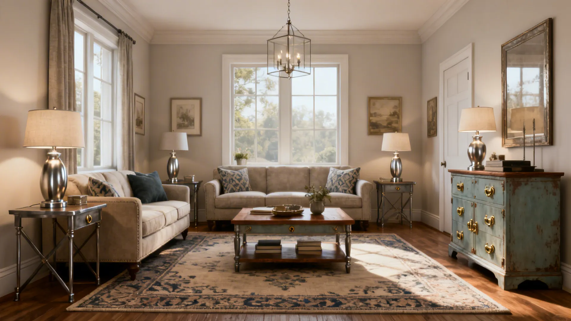 Stylishly mixed living room demonstrating repeated finishes, correct rug size, and curated accessories.