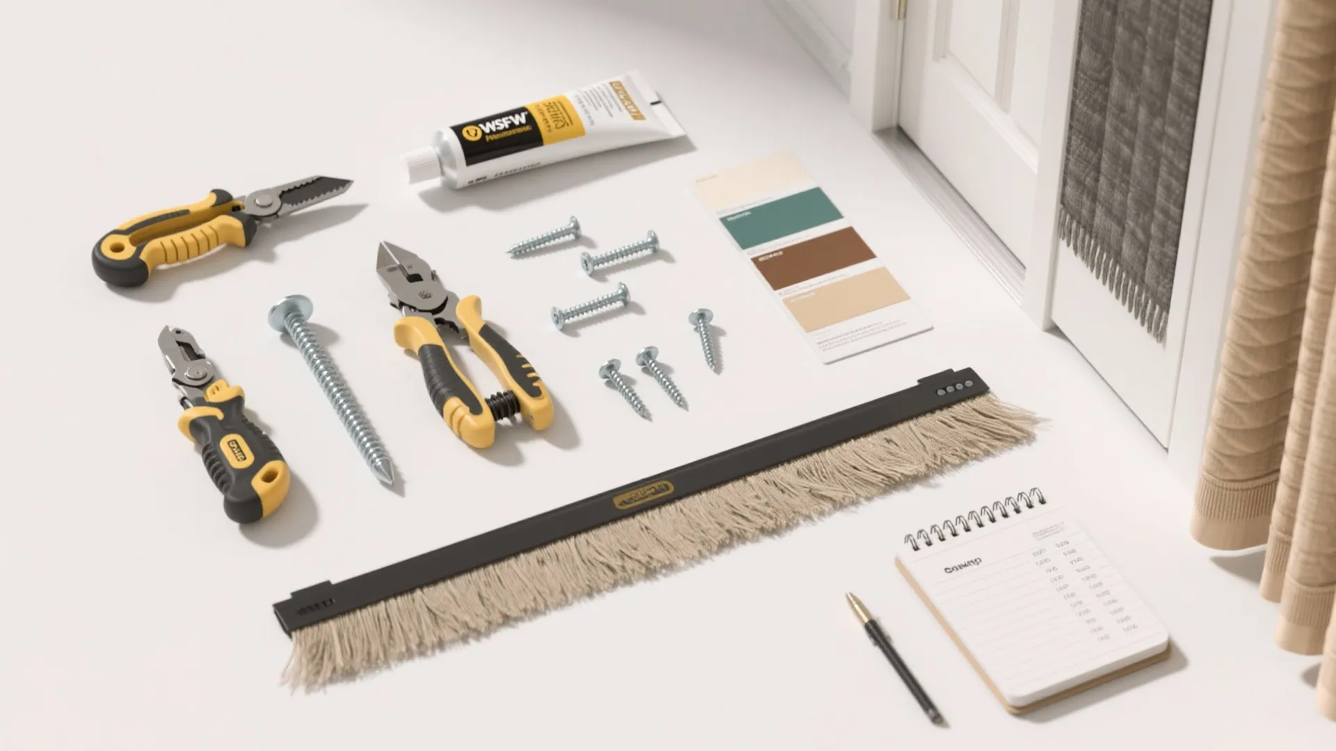 Home improvement tools and materials including pliers screws glue color samples and a small notepad