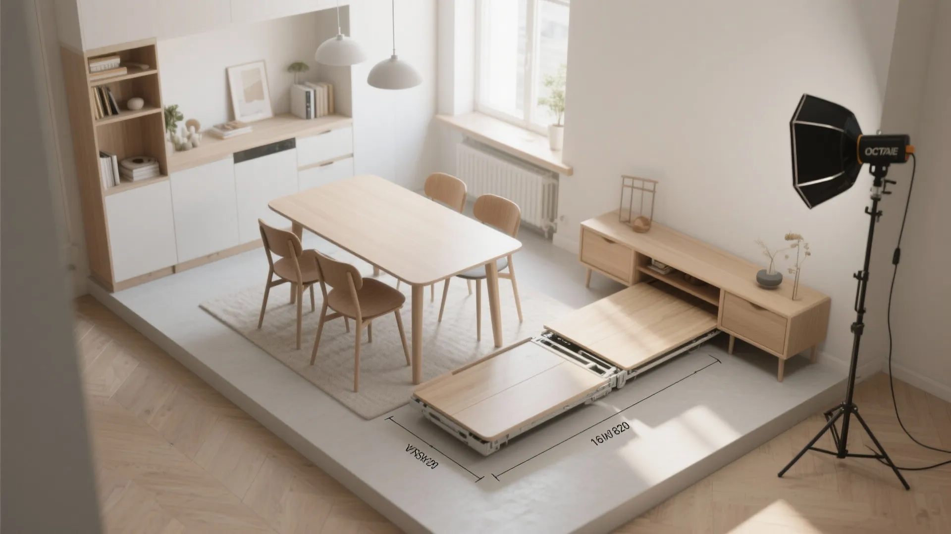 Top-down 3D mock-up showing extendable dining table in closed and open positions with recommended clearances.