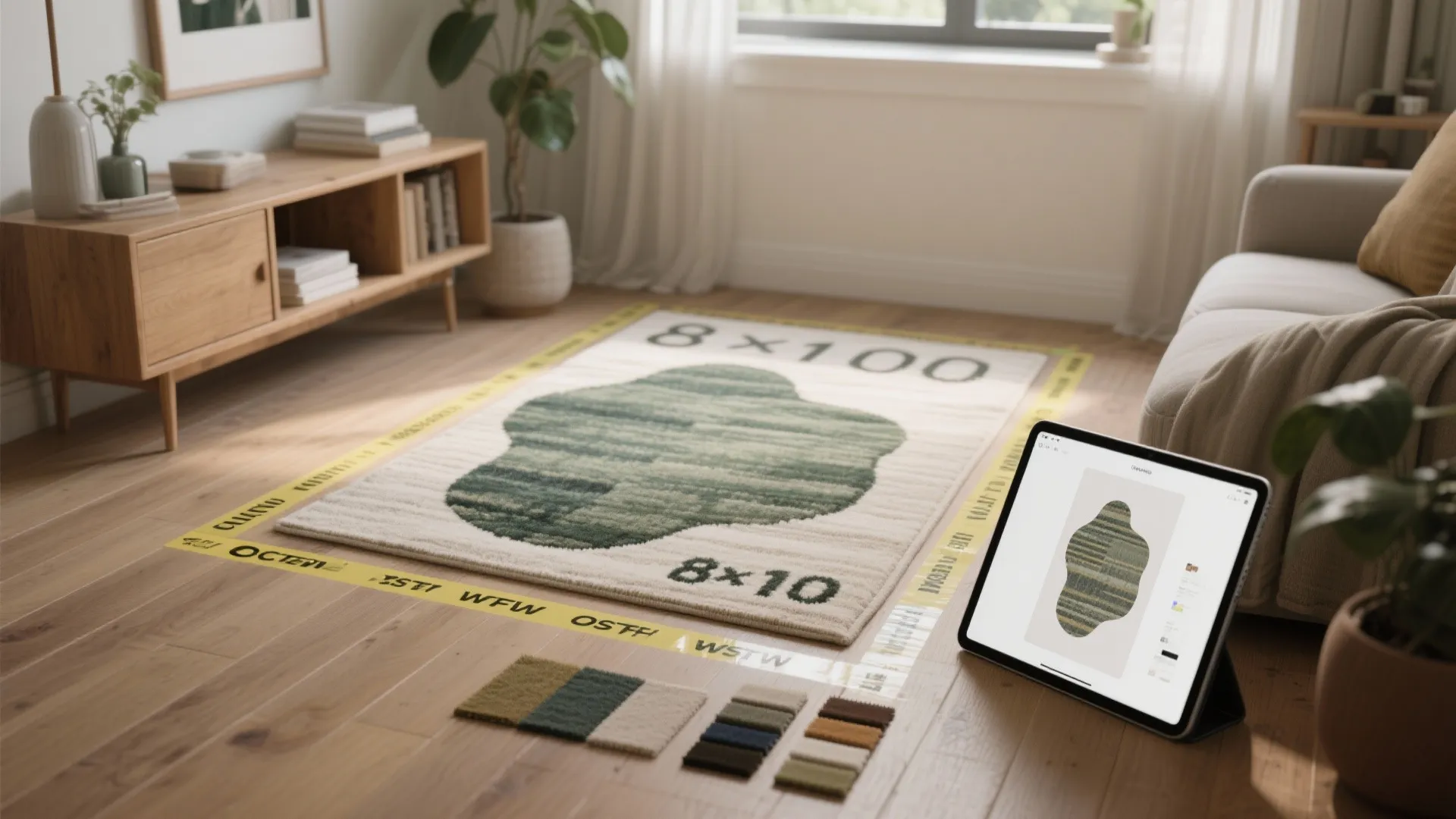 Interior design drawing on a tablet showing a rug layout in a bright living room