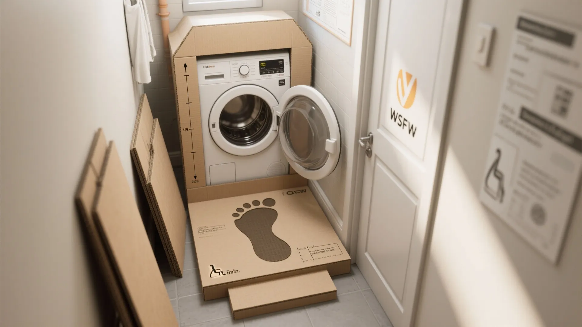 White washing machine inside cardboard box protector in small bathroom with footprint mat on floor