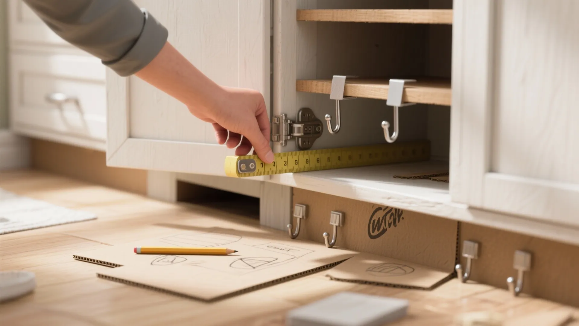 Person using a yellow tape measure to check the inside dimensions of white kitchen storage cabinet
