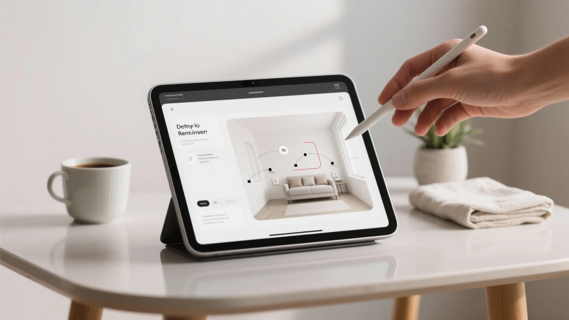 Digital room mockup on a tablet showing suggested scent placement zones in a small studio layout.