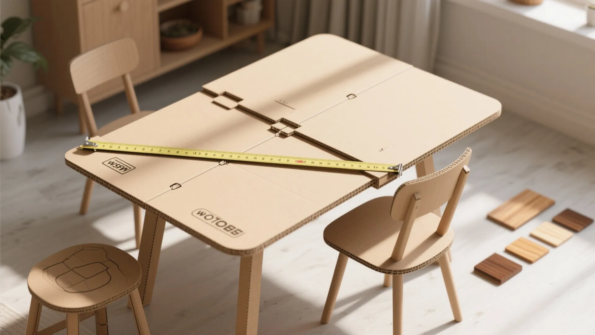 Top-down view of a cardboard mockup test with measurements and furniture outlines to check clearances for a folding table.