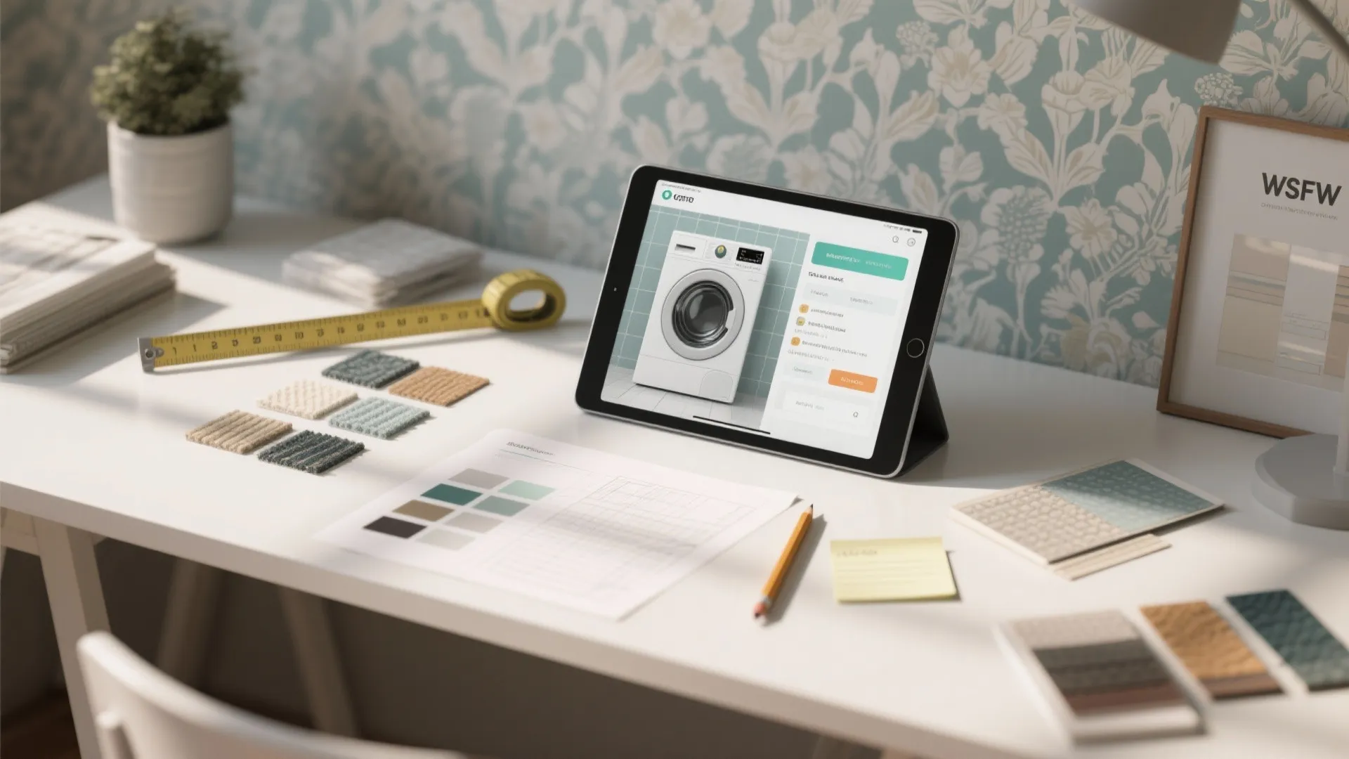 Tablet on desk showing washing machine product page with measuring tape and colorful fabric samples