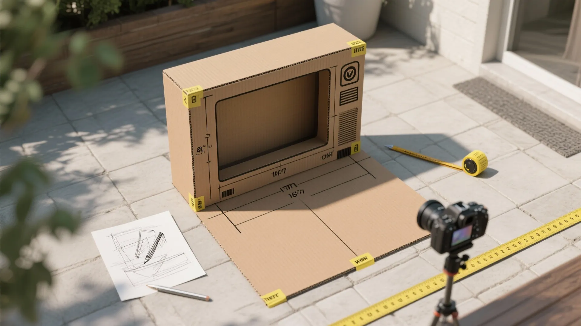 Cardboard television mockup with drawing sketch and measuring tape on a sunny outdoor patio floor