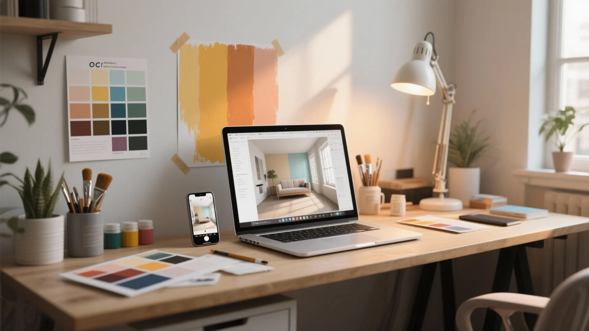 Laptop showing interior design drawing on wooden desk with color swatches smartphone and white lamp