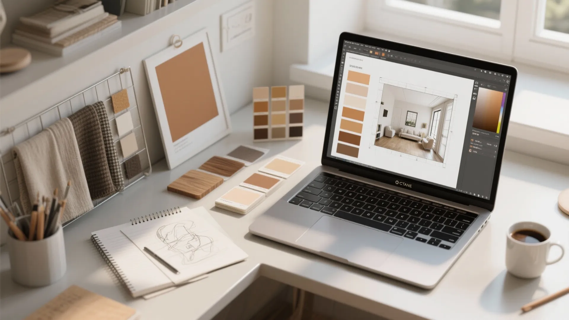 Laptop showing interior design drawing software next to color swatches sketches and a cup of coffee