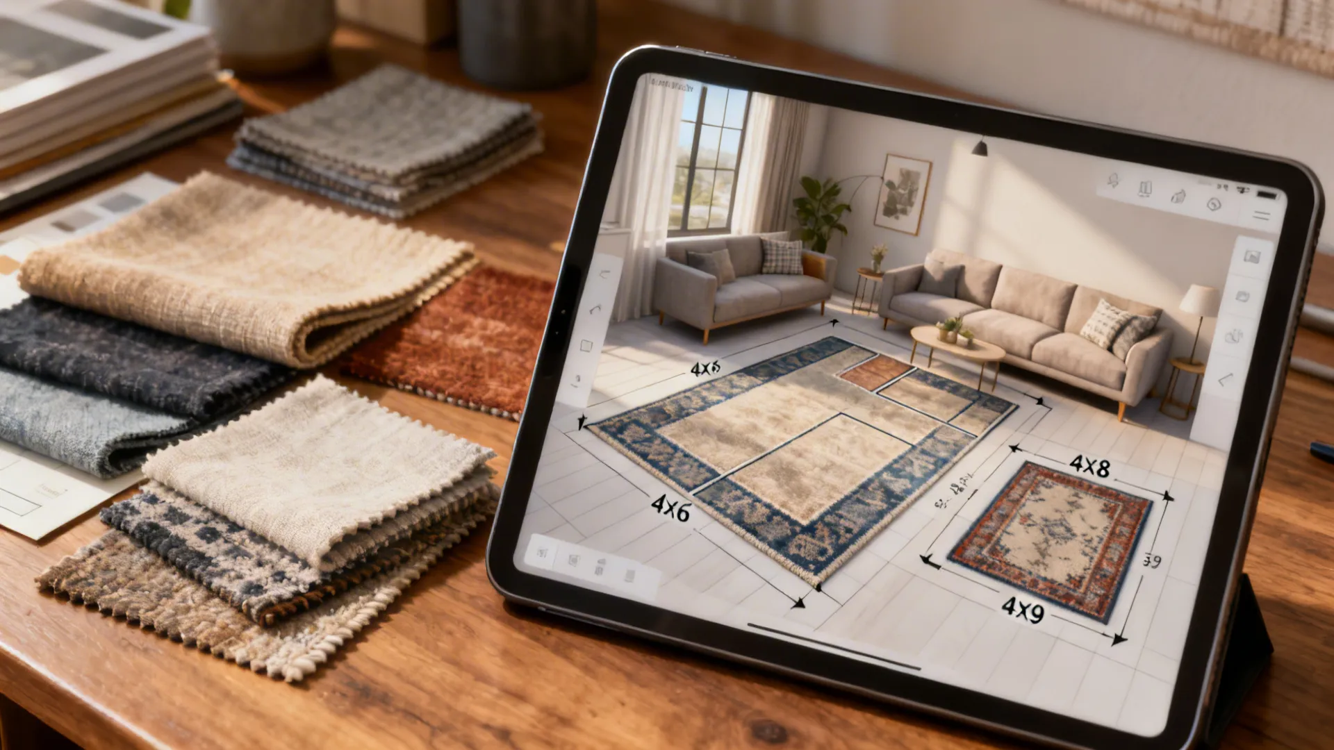 Tablet showing interior design app with rug size options next to many fabric color samples