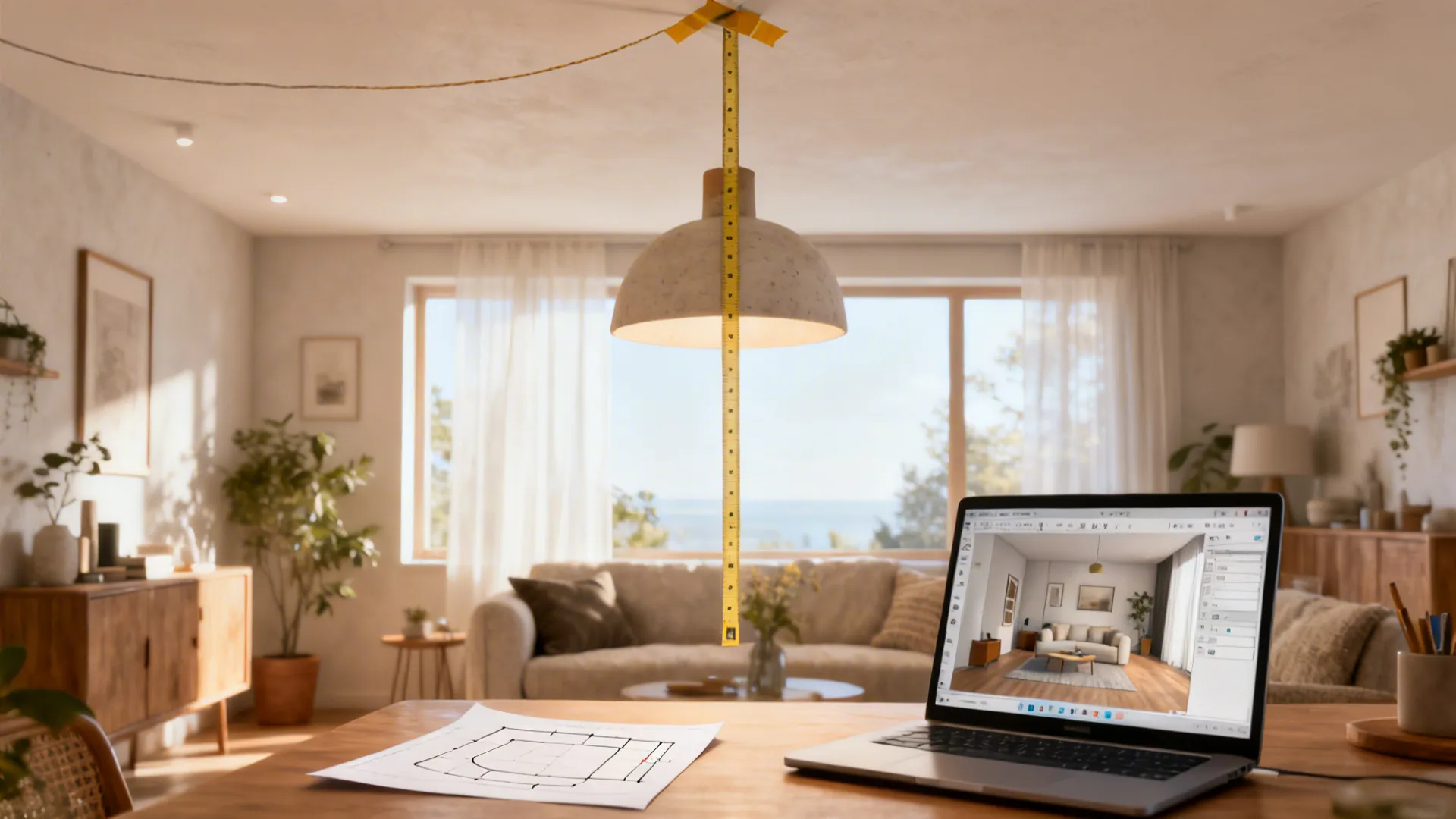 Mockup showing a taped measuring string and a 3D planner on a laptop for testing pendant heights.