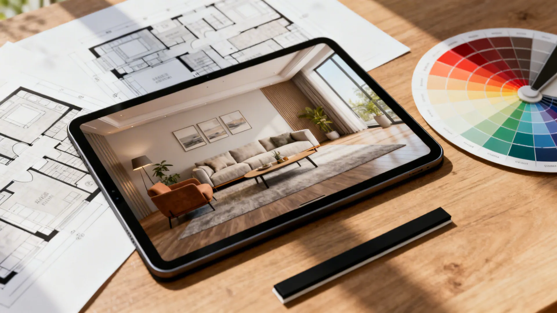 Digital mockup on a tablet with floor plans and color samples illustrating previewing designs before painting.
