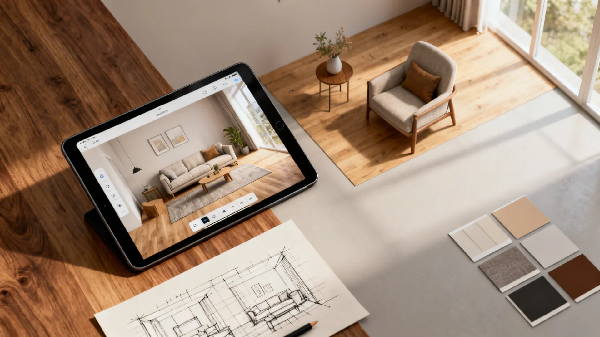 Tablet showing interior design drawing next to hand drawn sketch and colorful material floor tile samples