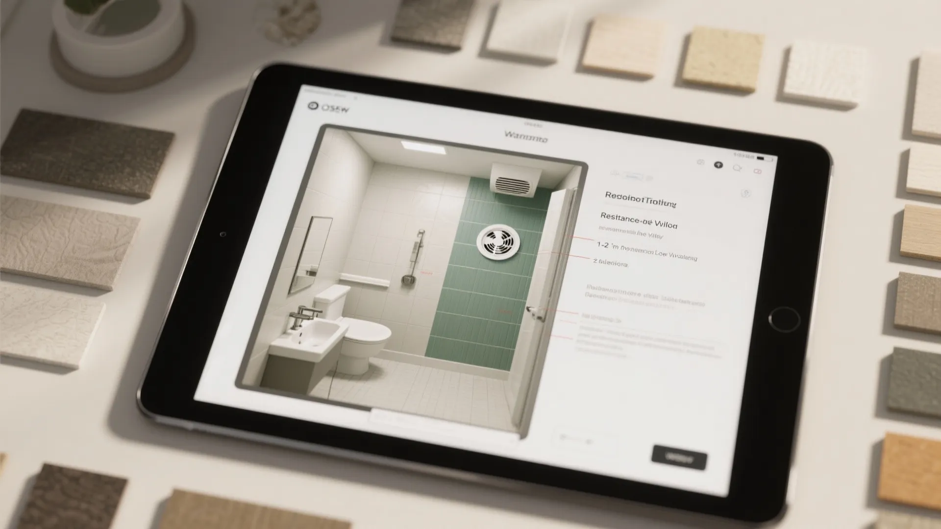 Tablet showing bathroom interior design drawing surrounded by various square tile and wall panel material samples