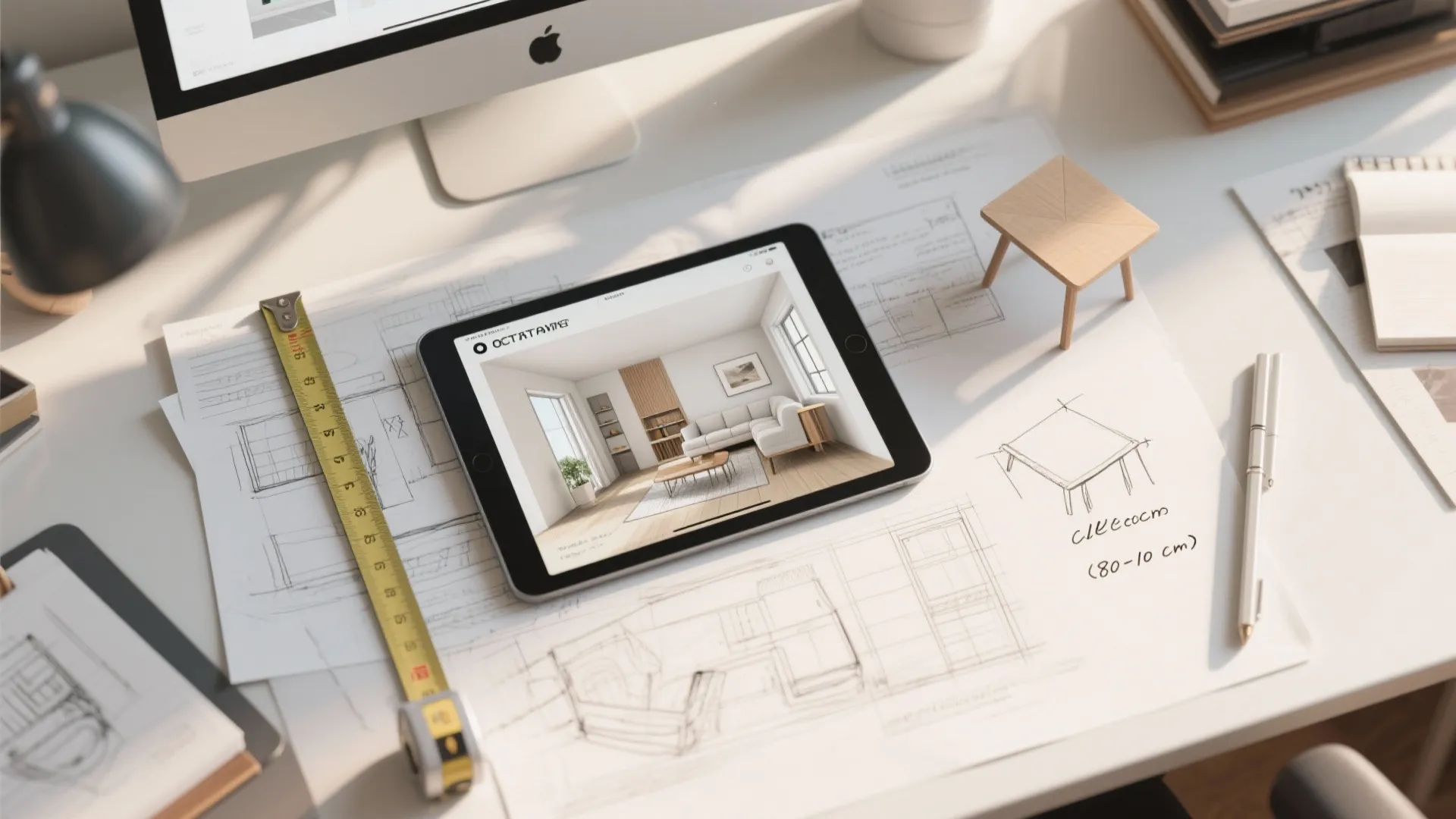 Tablet displaying interior design drawing on desk with measuring tape and small wooden furniture model