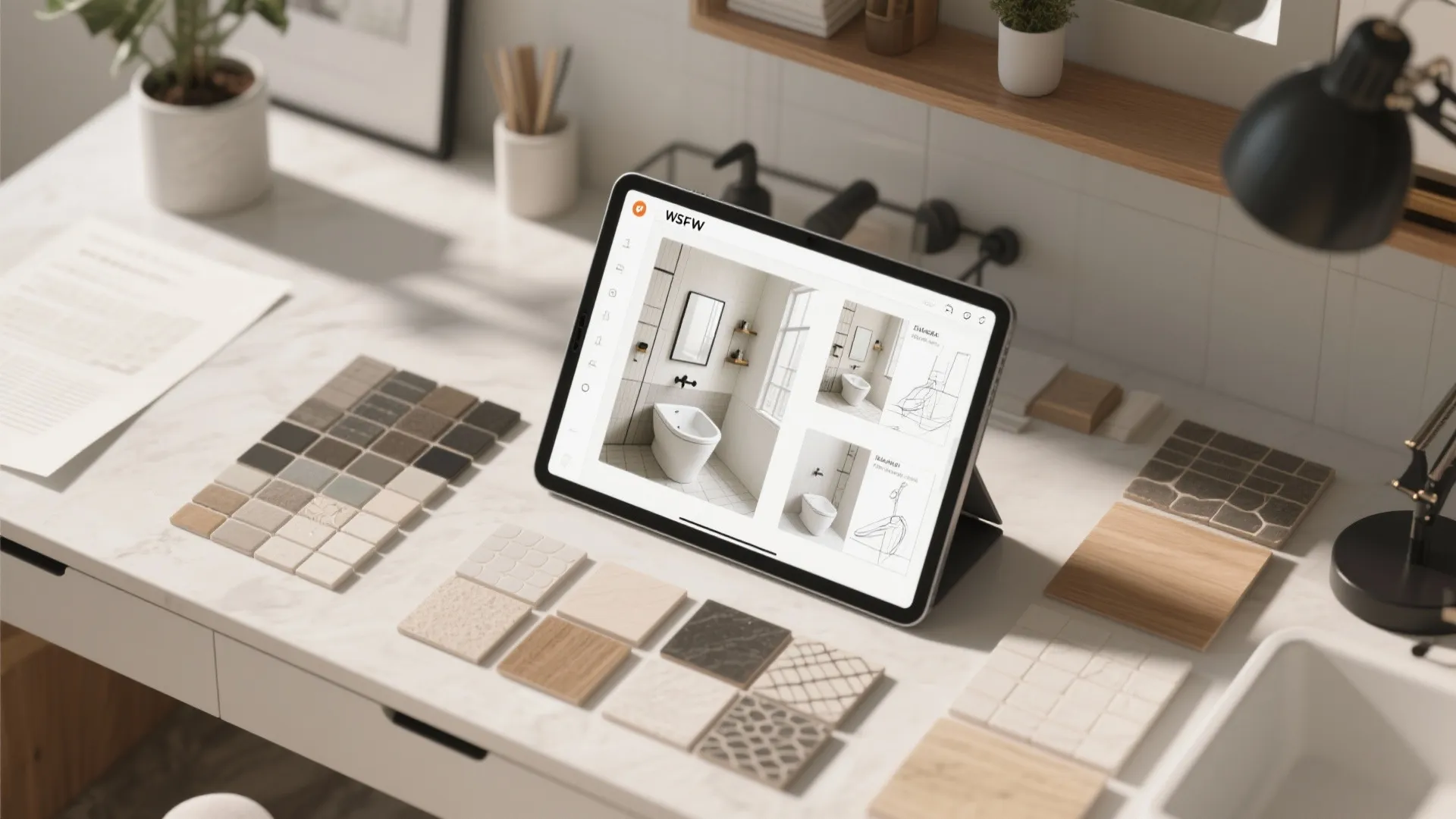 Top-down view of 3D mockups, layout sketches, and material swatches for small master bath planning.